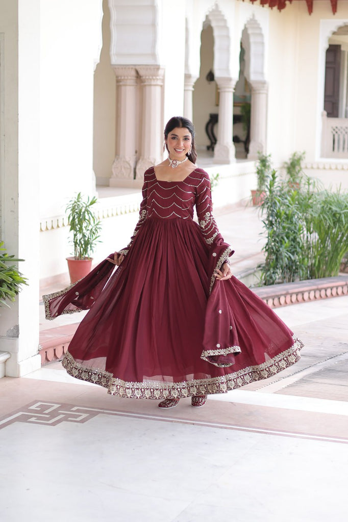 Maroon Elegant Vichitra Silk Sequin Embroidered Gown with Dupatta – Designer Full-Sleeve Square Neck Gown with Cotton Lining & 3-Meter Flair ClothsVilla