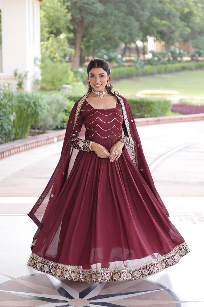 Maroon Elegant Vichitra Silk Sequin Embroidered Gown with Dupatta – Designer Full-Sleeve Square Neck Gown with Cotton Lining & 3-Meter Flair ClothsVilla