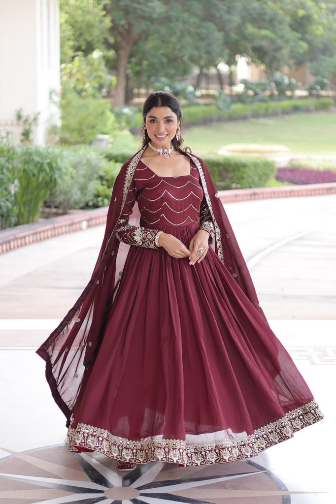 Maroon Elegant Vichitra Silk Sequin Embroidered Gown with Dupatta – Designer Full-Sleeve Square Neck Gown with Cotton Lining & 3-Meter Flair ClothsVilla