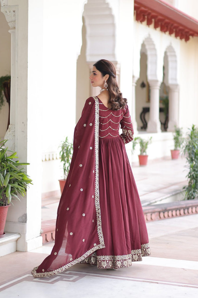 Maroon Elegant Vichitra Silk Sequin Embroidered Gown with Dupatta – Designer Full-Sleeve Square Neck Gown with Cotton Lining & 3-Meter Flair ClothsVilla