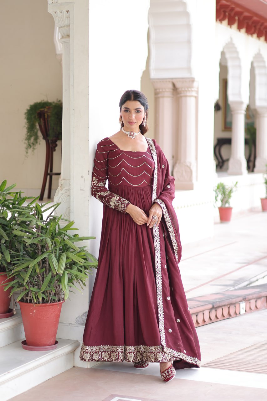 Maroon Elegant Vichitra Silk Sequin Embroidered Gown with Dupatta – Designer Full-Sleeve Square Neck Gown with Cotton Lining & 3-Meter Flair ClothsVilla