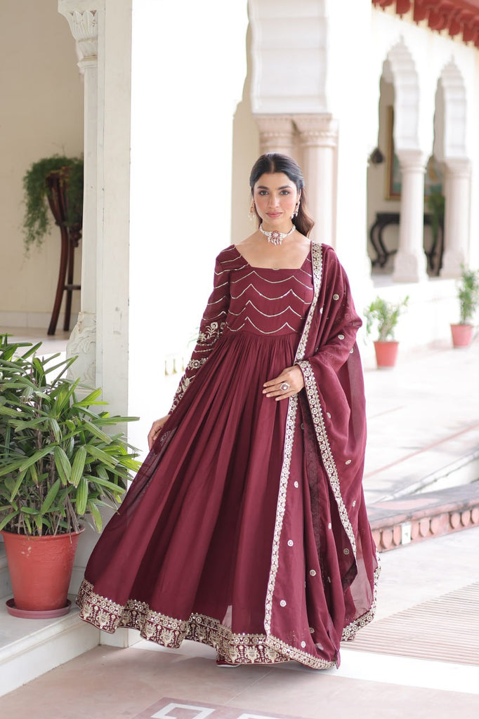 Maroon Elegant Vichitra Silk Sequin Embroidered Gown with Dupatta – Designer Full-Sleeve Square Neck Gown with Cotton Lining & 3-Meter Flair ClothsVilla