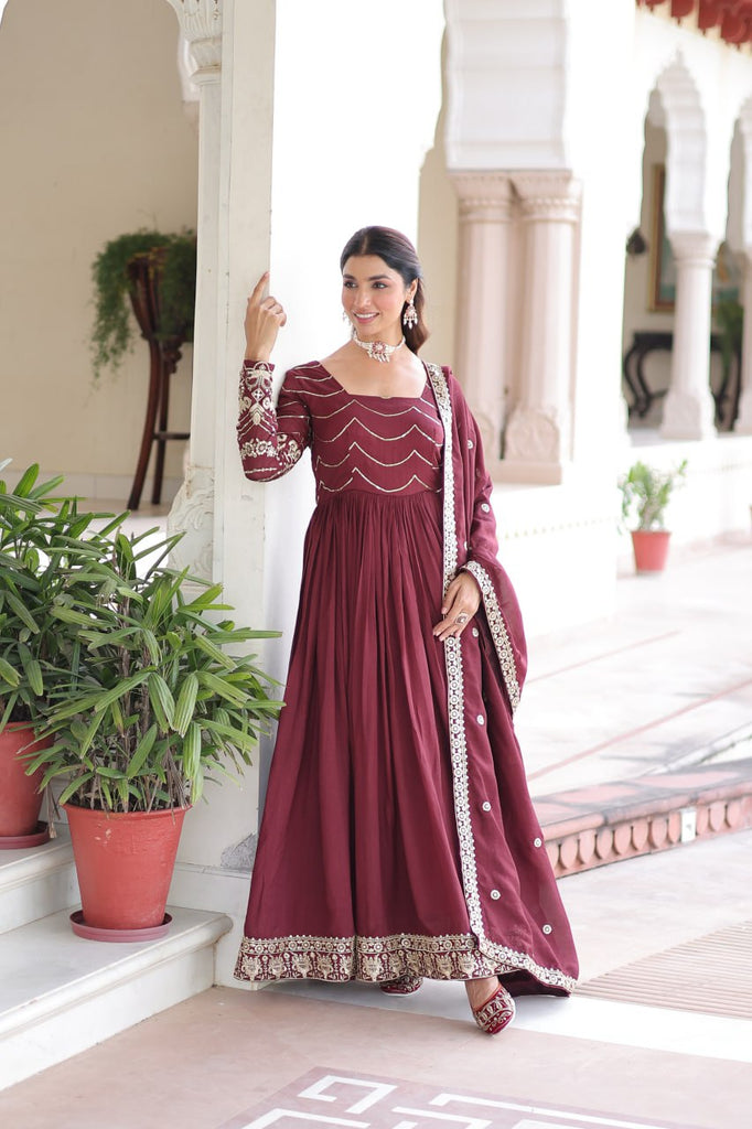 Maroon Elegant Vichitra Silk Sequin Embroidered Gown with Dupatta – Designer Full-Sleeve Square Neck Gown with Cotton Lining & 3-Meter Flair ClothsVilla