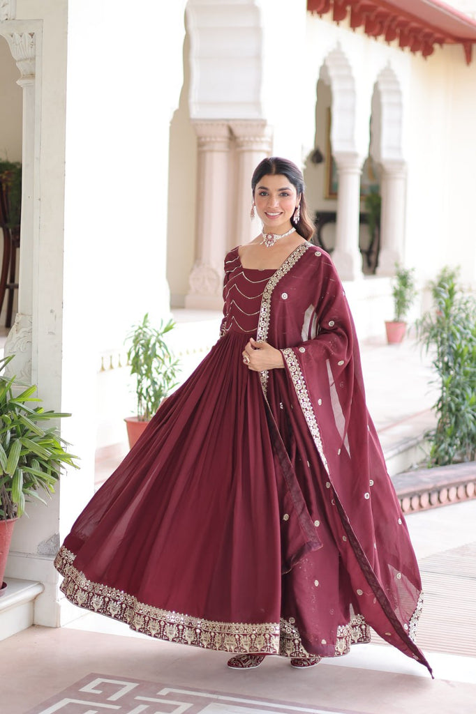 Maroon Elegant Vichitra Silk Sequin Embroidered Gown with Dupatta – Designer Full-Sleeve Square Neck Gown with Cotton Lining & 3-Meter Flair ClothsVilla