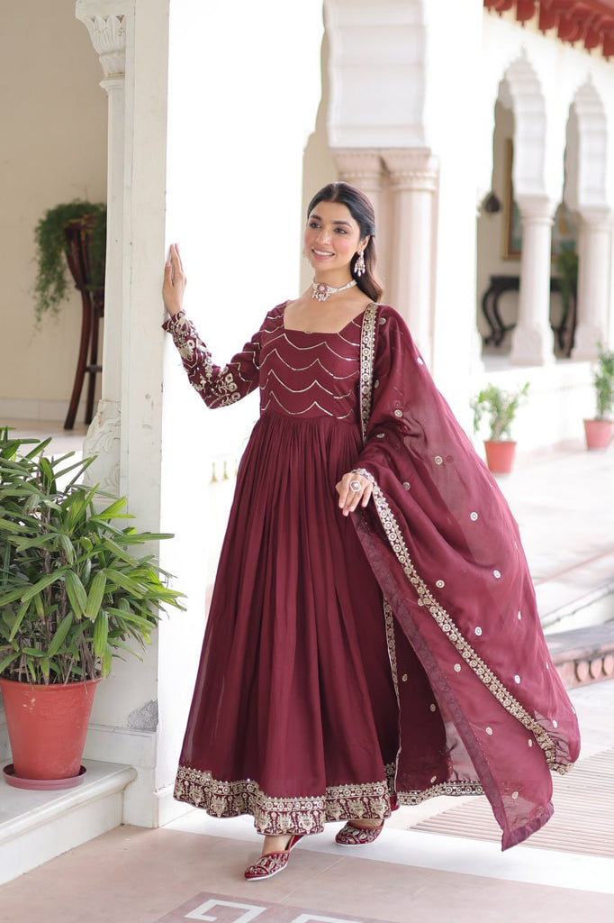 Maroon Elegant Vichitra Silk Sequin Embroidered Gown with Dupatta – Designer Full-Sleeve Square Neck Gown with Cotton Lining & 3-Meter Flair ClothsVilla