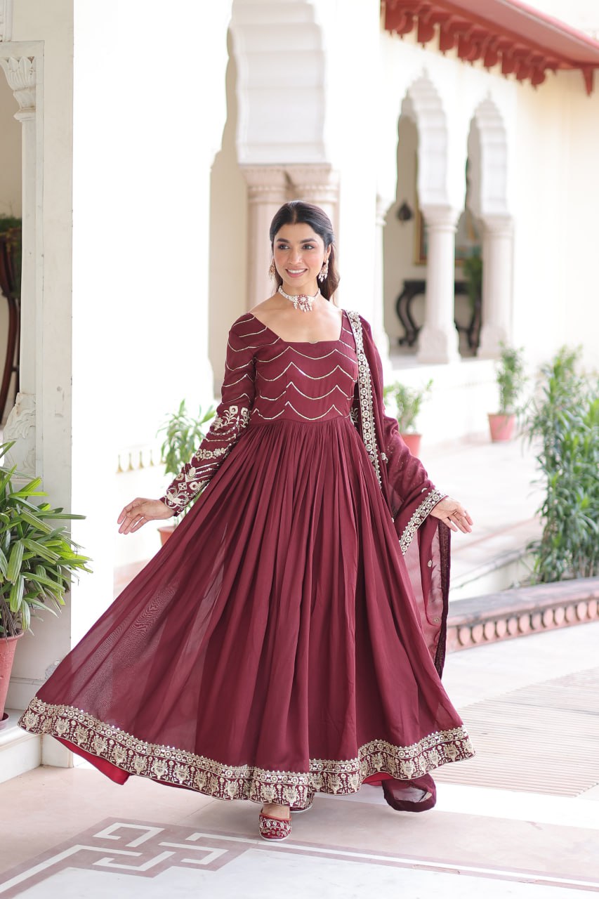 Maroon Elegant Vichitra Silk Sequin Embroidered Gown with Dupatta – Designer Full-Sleeve Square Neck Gown with Cotton Lining & 3-Meter Flair ClothsVilla