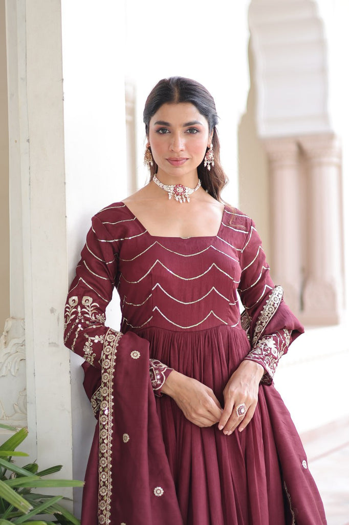 Maroon Elegant Vichitra Silk Sequin Embroidered Gown with Dupatta – Designer Full-Sleeve Square Neck Gown with Cotton Lining & 3-Meter Flair ClothsVilla