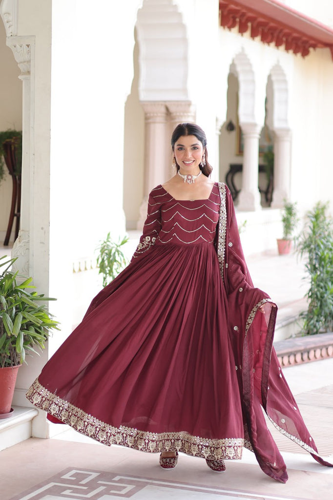 Maroon Elegant Vichitra Silk Sequin Embroidered Gown with Dupatta – Designer Full-Sleeve Square Neck Gown with Cotton Lining & 3-Meter Flair ClothsVilla