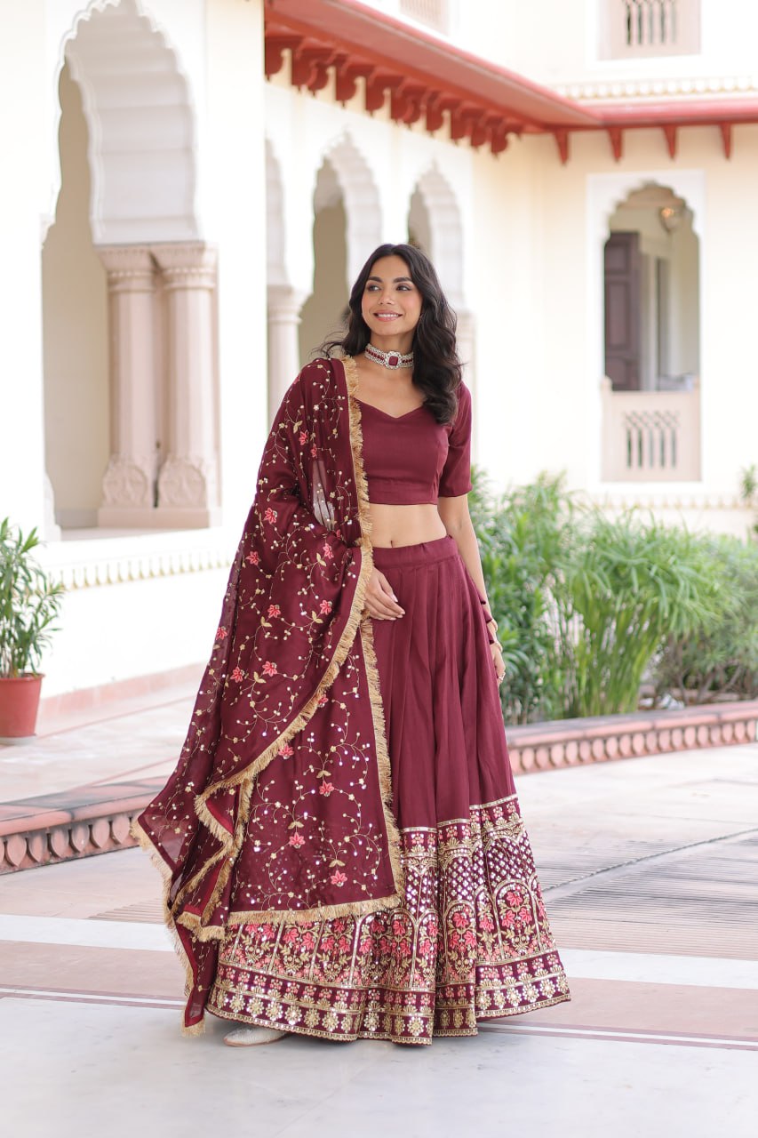 Maroon Elegant Vichitra Silk Sequins & Thread Embroidered Lehenga Set with Designer Lace Dupatta – Stitched 3-Meter Flair Lehenga & Unstitched Blouse Clothsvilla