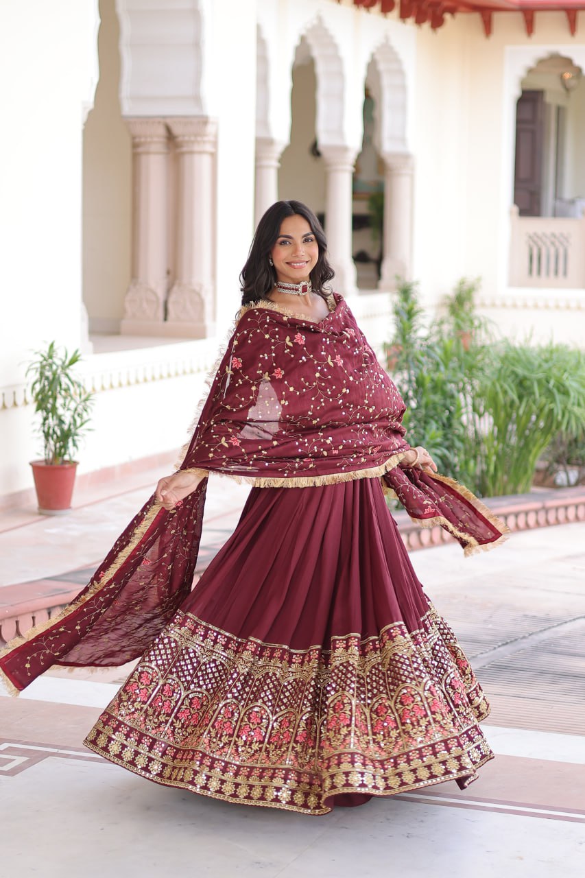 Maroon Elegant Vichitra Silk Sequins & Thread Embroidered Lehenga Set with Designer Lace Dupatta – Stitched 3-Meter Flair Lehenga & Unstitched Blouse Clothsvilla