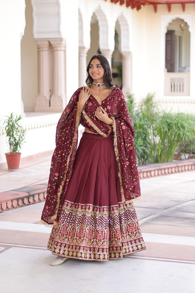 Maroon Elegant Vichitra Silk Sequins & Thread Embroidered Lehenga Set with Designer Lace Dupatta – Stitched 3-Meter Flair Lehenga & Unstitched Blouse Clothsvilla