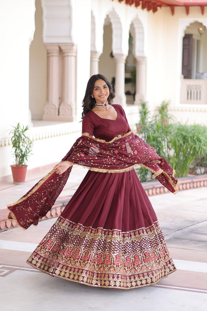 Maroon Elegant Vichitra Silk Sequins & Thread Embroidered Lehenga Set with Designer Lace Dupatta – Stitched 3-Meter Flair Lehenga & Unstitched Blouse Clothsvilla