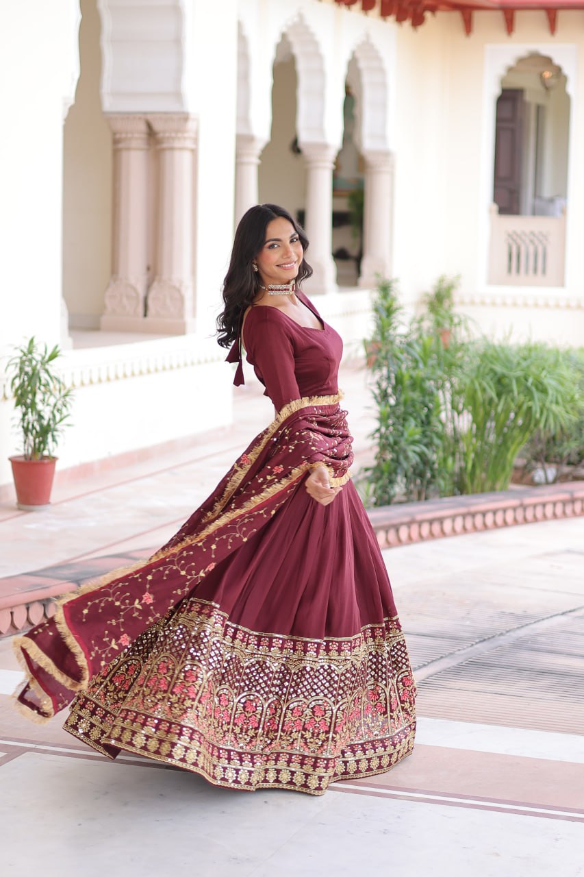 Maroon Elegant Vichitra Silk Sequins & Thread Embroidered Lehenga Set with Designer Lace Dupatta – Stitched 3-Meter Flair Lehenga & Unstitched Blouse Clothsvilla