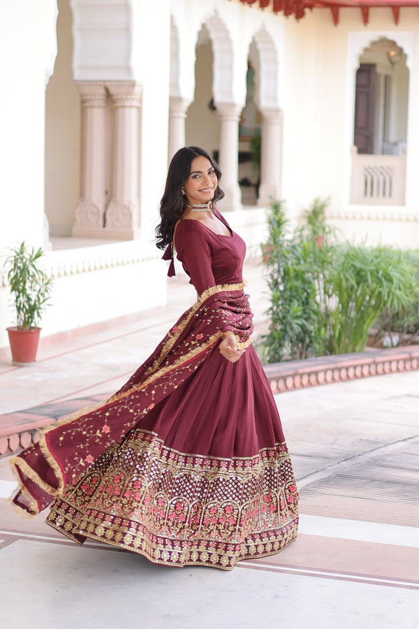 Maroon Elegant Vichitra Silk Sequins & Thread Embroidered Lehenga Set with Designer Lace Dupatta – Stitched 3-Meter Flair Lehenga & Unstitched Blouse Clothsvilla