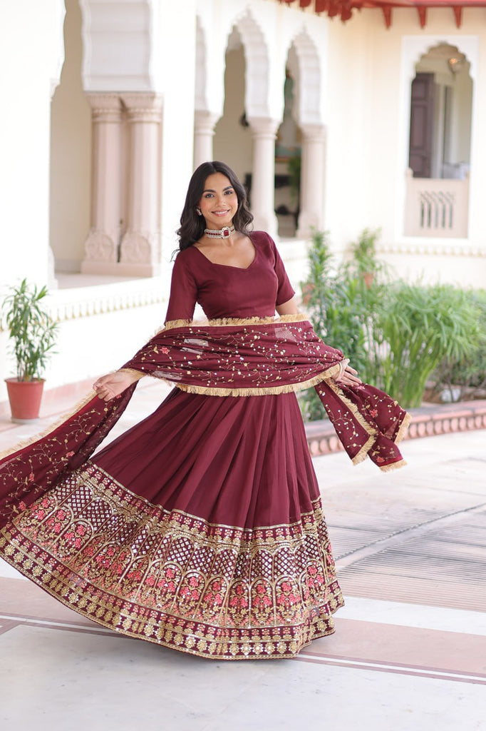 Maroon Elegant Vichitra Silk Sequins & Thread Embroidered Lehenga Set with Designer Lace Dupatta – Stitched 3-Meter Flair Lehenga & Unstitched Blouse Clothsvilla