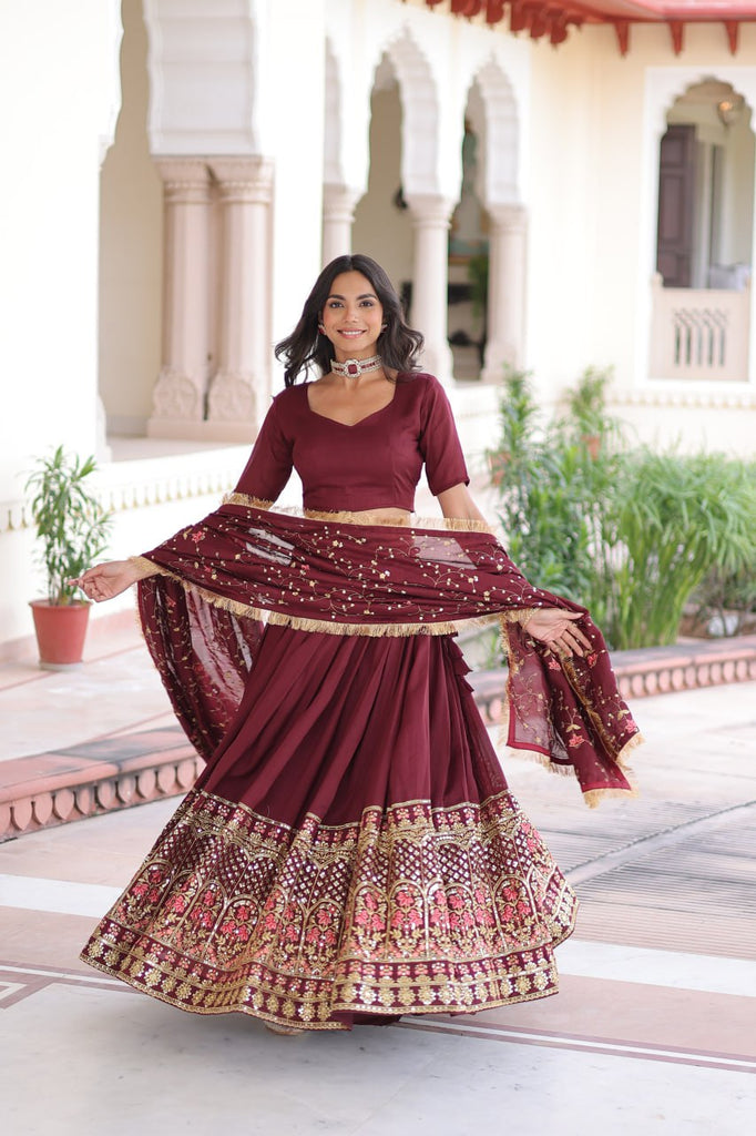Maroon Elegant Vichitra Silk Sequins & Thread Embroidered Lehenga Set with Designer Lace Dupatta – Stitched 3-Meter Flair Lehenga & Unstitched Blouse Clothsvilla