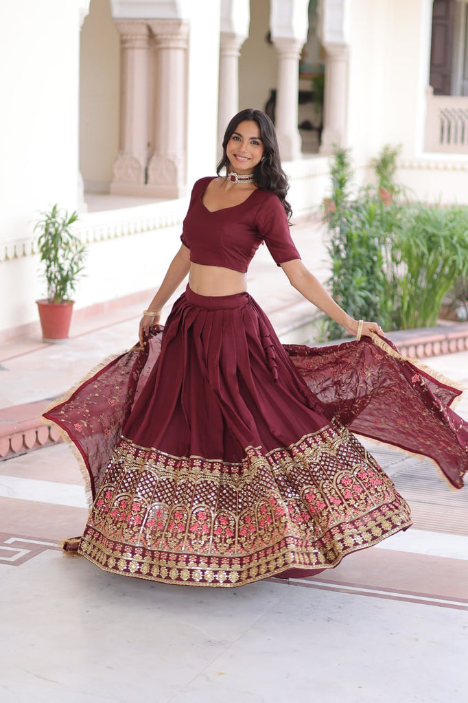 Maroon Elegant Vichitra Silk Sequins & Thread Embroidered Lehenga Set with Designer Lace Dupatta – Stitched 3-Meter Flair Lehenga & Unstitched Blouse Clothsvilla
