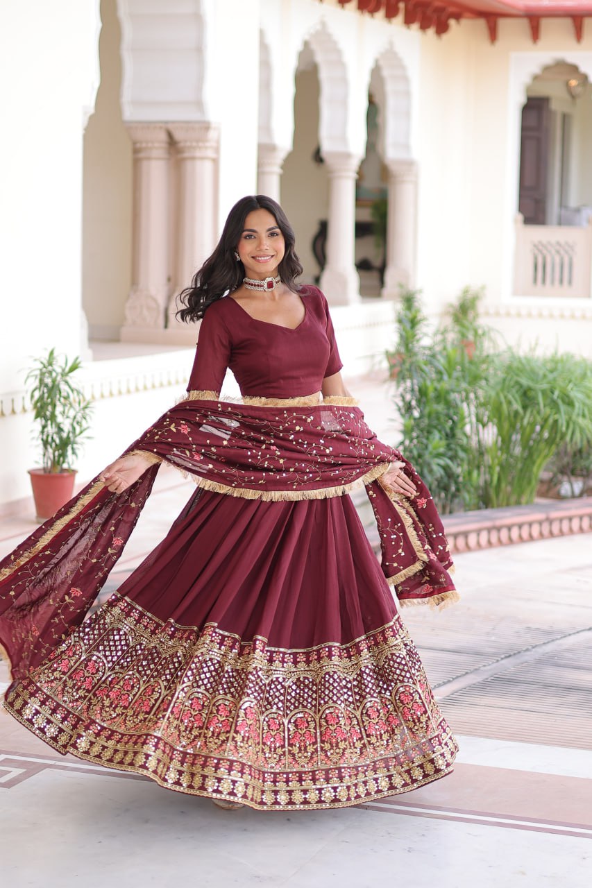 Maroon Elegant Vichitra Silk Sequins & Thread Embroidered Lehenga Set with Designer Lace Dupatta – Stitched 3-Meter Flair Lehenga & Unstitched Blouse Clothsvilla
