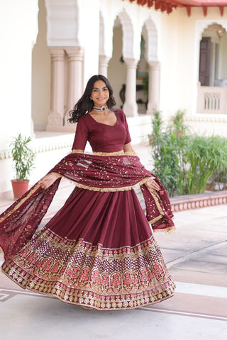 Maroon Elegant Vichitra Silk Sequins & Thread Embroidered Lehenga Set with Designer Lace Dupatta – Stitched 3-Meter Flair Lehenga & Unstitched Blouse Clothsvilla