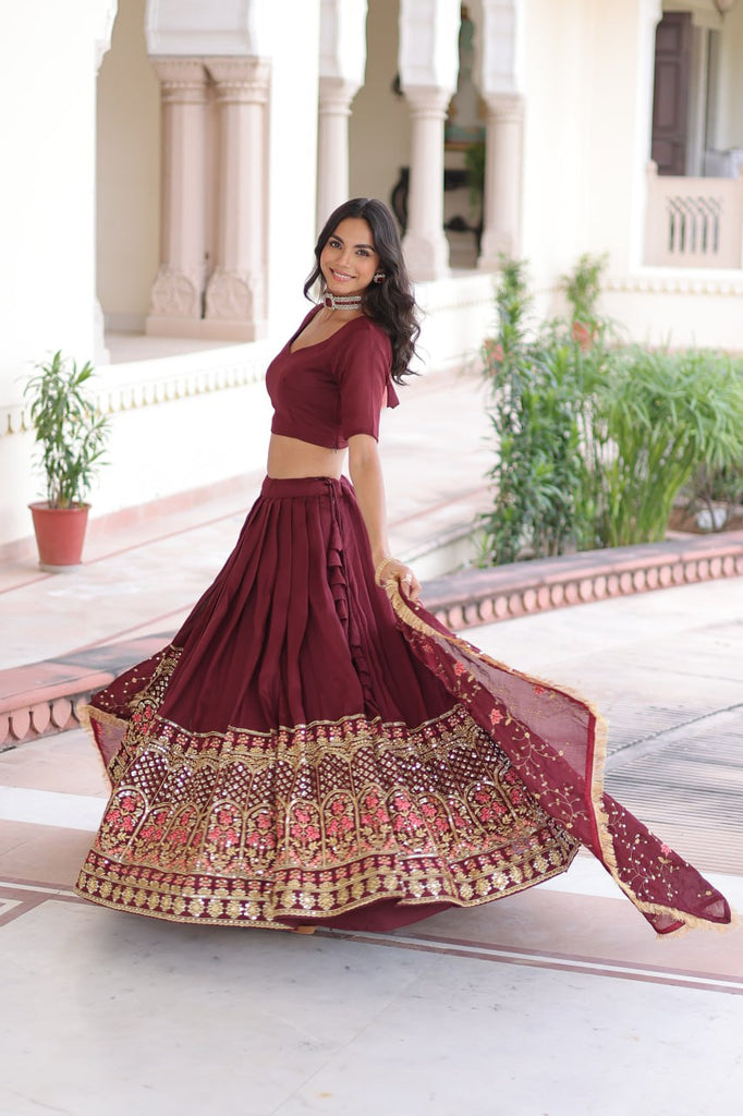 Maroon Elegant Vichitra Silk Sequins & Thread Embroidered Lehenga Set with Designer Lace Dupatta – Stitched 3-Meter Flair Lehenga & Unstitched Blouse Clothsvilla