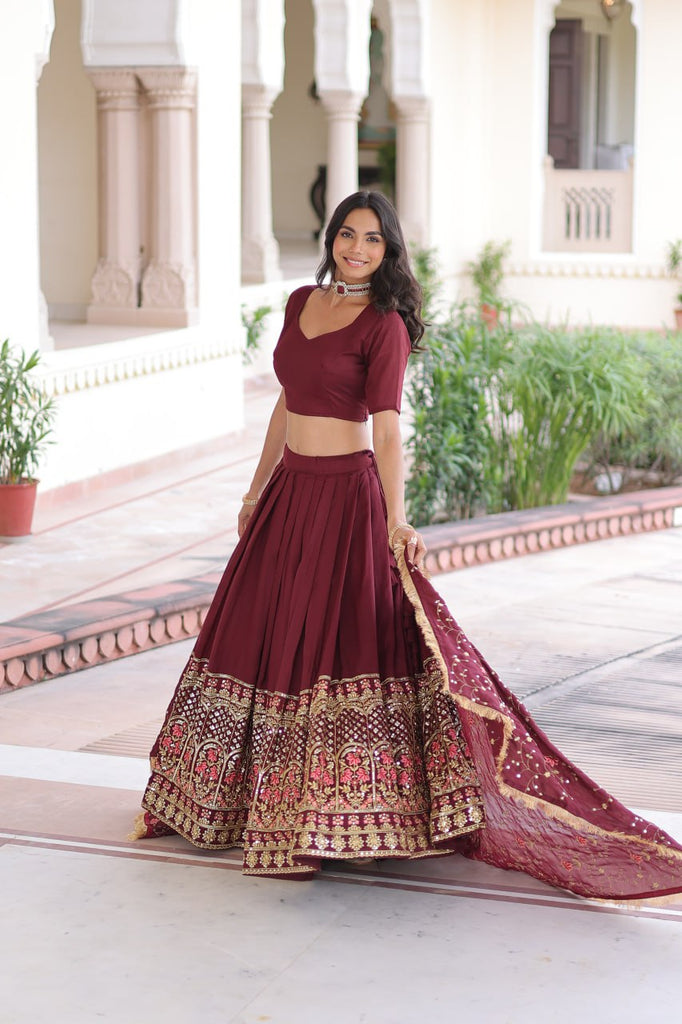 Maroon Elegant Vichitra Silk Sequins & Thread Embroidered Lehenga Set with Designer Lace Dupatta – Stitched 3-Meter Flair Lehenga & Unstitched Blouse Clothsvilla