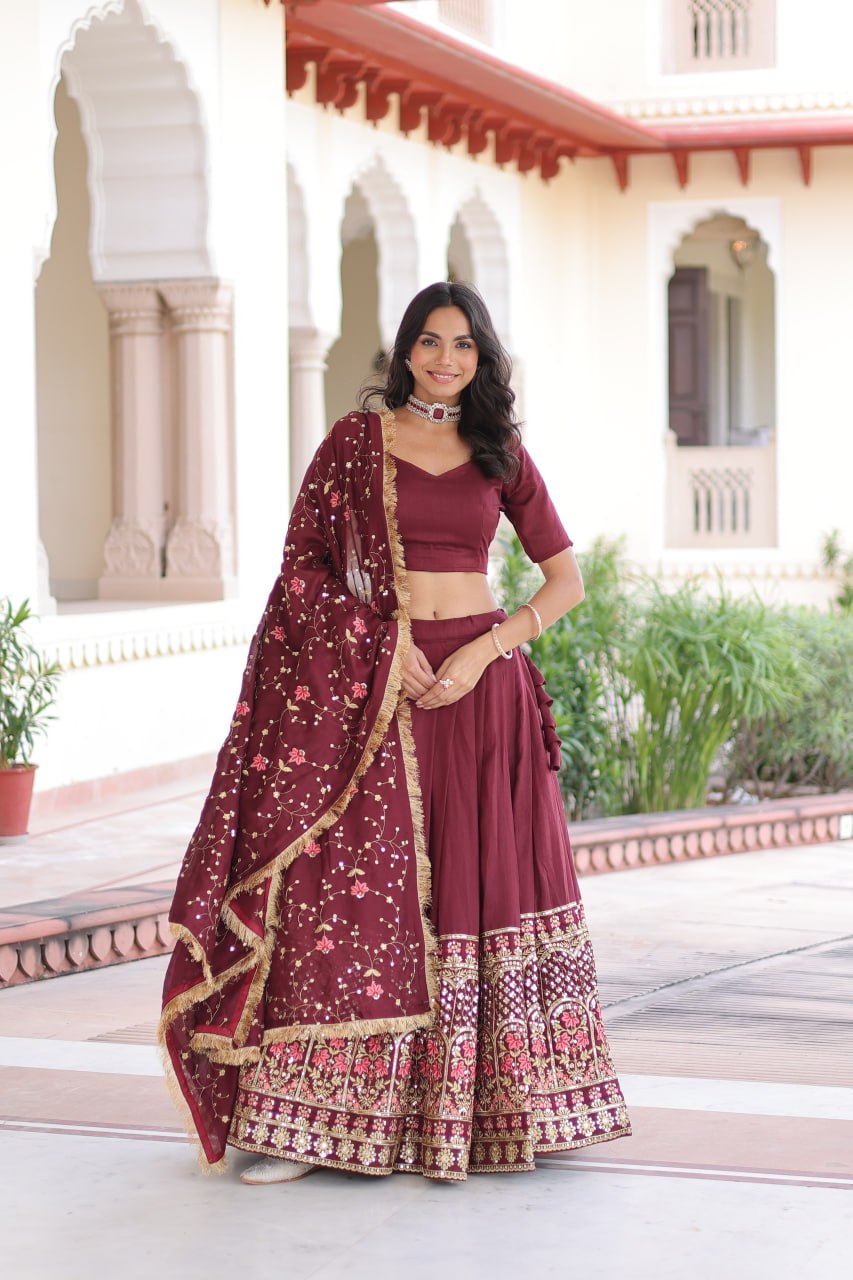Maroon Elegant Vichitra Silk Sequins & Thread Embroidered Lehenga Set with Designer Lace Dupatta – Stitched 3-Meter Flair Lehenga & Unstitched Blouse Clothsvilla Main image