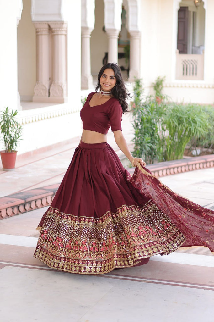 Maroon Elegant Vichitra Silk Sequins & Thread Embroidered Lehenga Set with Designer Lace Dupatta – Stitched 3-Meter Flair Lehenga & Unstitched Blouse Clothsvilla