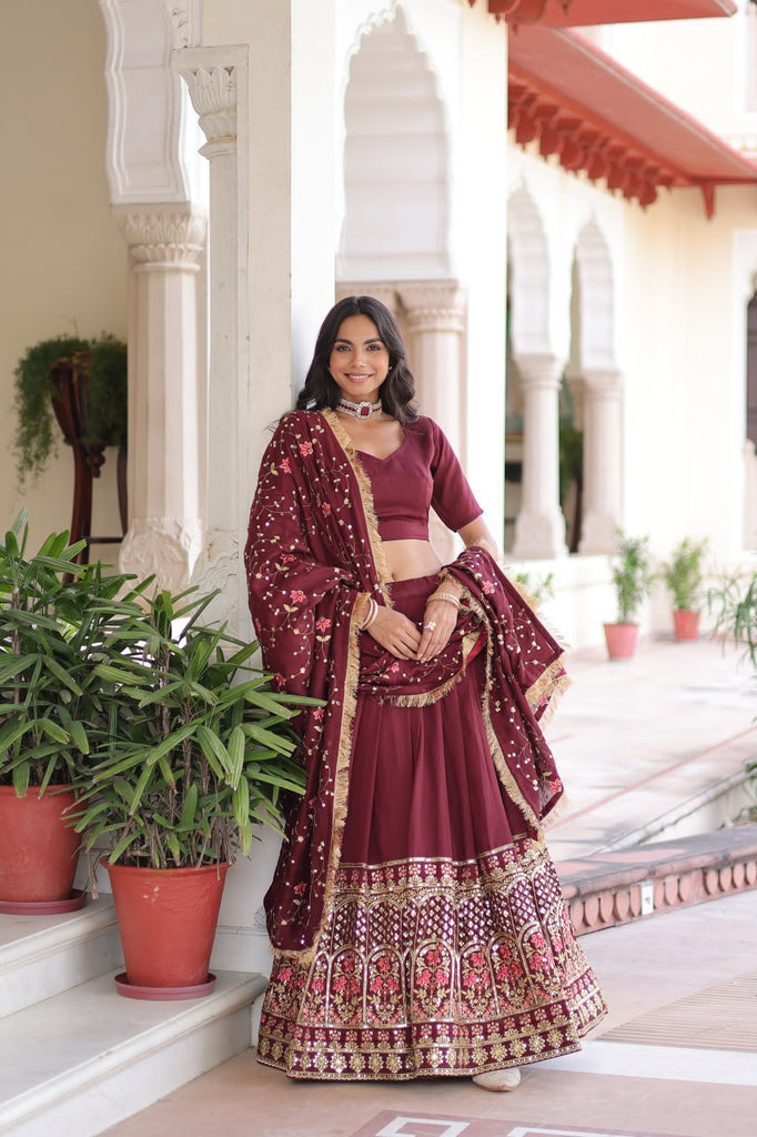 Maroon Elegant Vichitra Silk Sequins & Thread Embroidered Lehenga Set with Designer Lace Dupatta – Stitched 3-Meter Flair Lehenga & Unstitched Blouse Clothsvilla