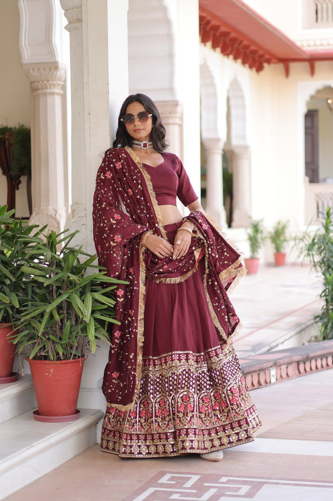 Maroon Elegant Vichitra Silk Sequins & Thread Embroidered Lehenga Set with Designer Lace Dupatta – Stitched 3-Meter Flair Lehenga & Unstitched Blouse Clothsvilla