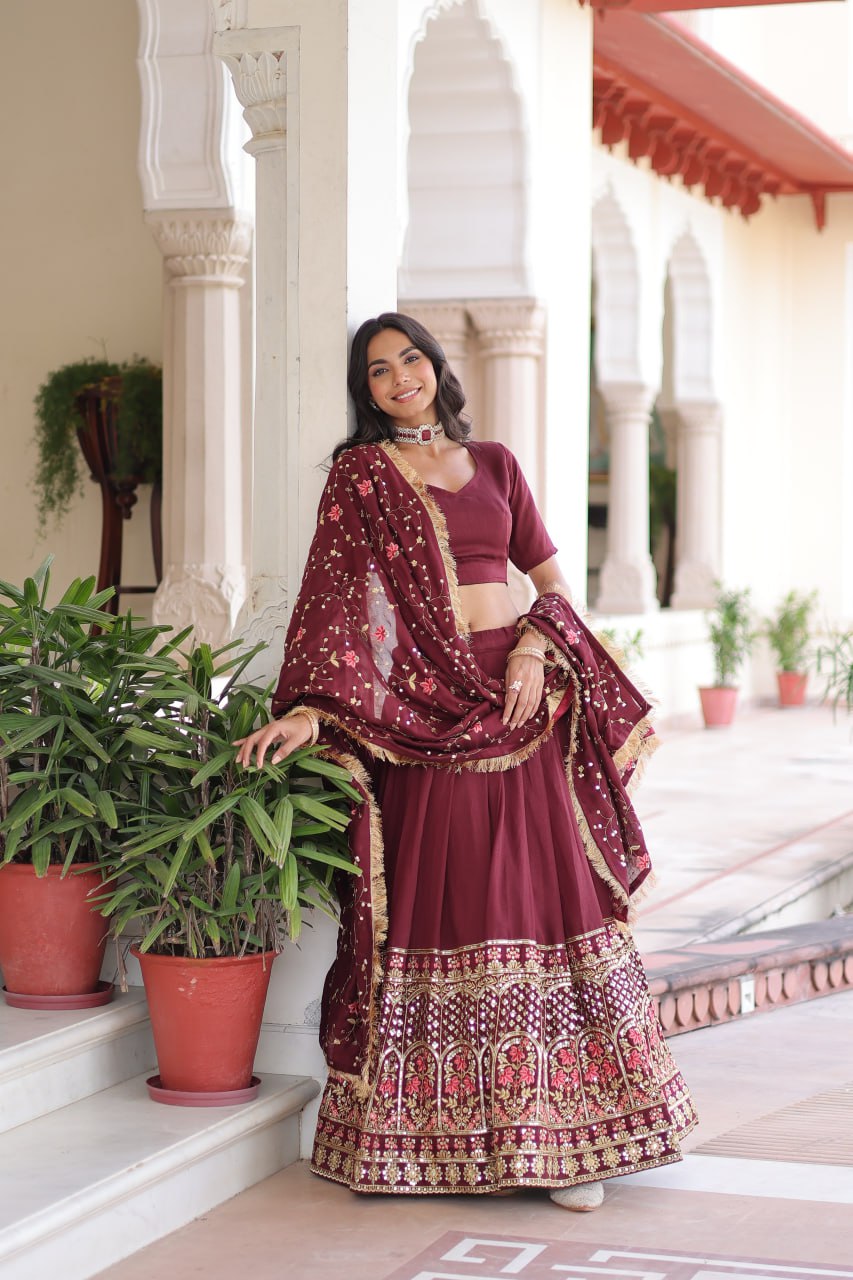 Maroon Elegant Vichitra Silk Sequins & Thread Embroidered Lehenga Set with Designer Lace Dupatta – Stitched 3-Meter Flair Lehenga & Unstitched Blouse Clothsvilla