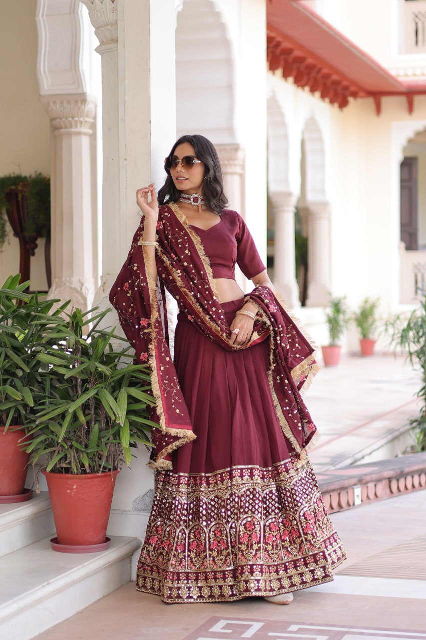 Maroon Elegant Vichitra Silk Sequins & Thread Embroidered Lehenga Set with Designer Lace Dupatta – Stitched 3-Meter Flair Lehenga & Unstitched Blouse Clothsvilla