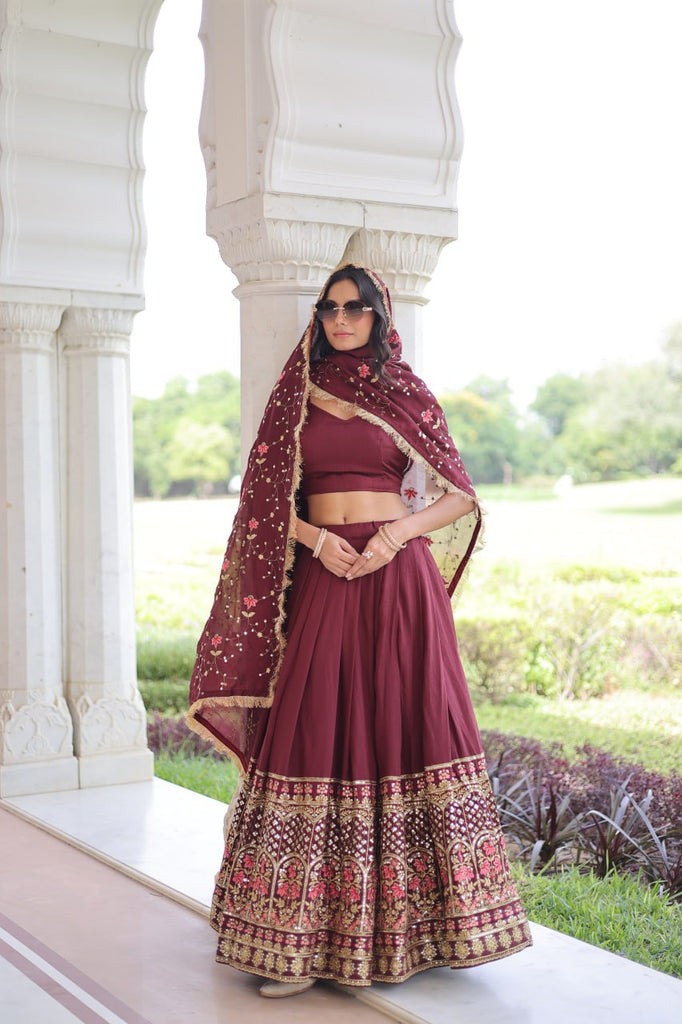 Maroon Elegant Vichitra Silk Sequins & Thread Embroidered Lehenga Set with Designer Lace Dupatta – Stitched 3-Meter Flair Lehenga & Unstitched Blouse Clothsvilla