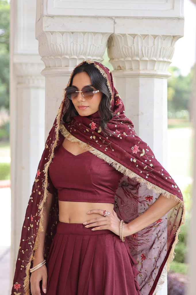 Maroon Elegant Vichitra Silk Sequins & Thread Embroidered Lehenga Set with Designer Lace Dupatta – Stitched 3-Meter Flair Lehenga & Unstitched Blouse Clothsvilla