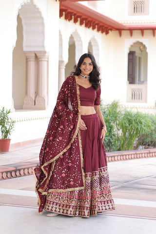 Maroon Elegant Vichitra Silk Sequins & Thread Embroidered Lehenga Set with Designer Lace Dupatta – Stitched 3-Meter Flair Lehenga & Unstitched Blouse Clothsvilla