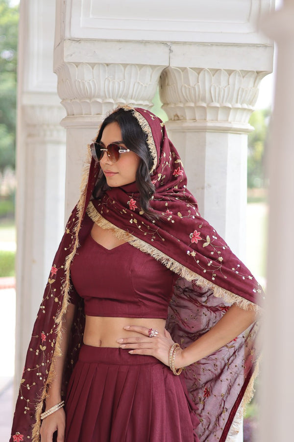 Maroon Elegant Vichitra Silk Sequins & Thread Embroidered Lehenga Set with Designer Lace Dupatta – Stitched 3-Meter Flair Lehenga & Unstitched Blouse Clothsvilla