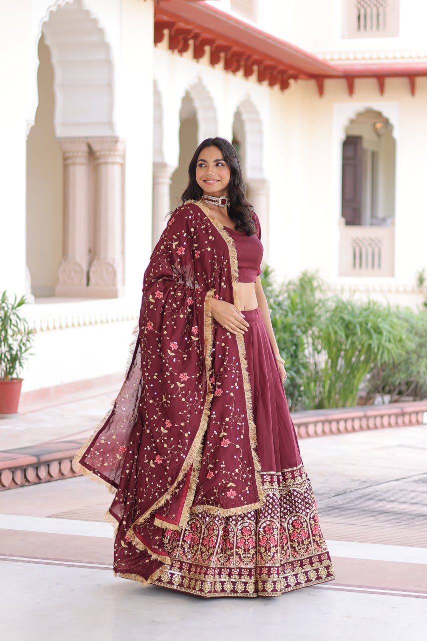 Maroon Elegant Vichitra Silk Sequins & Thread Embroidered Lehenga Set with Designer Lace Dupatta – Stitched 3-Meter Flair Lehenga & Unstitched Blouse Clothsvilla