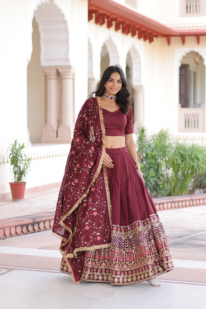 Maroon Elegant Vichitra Silk Sequins & Thread Embroidered Lehenga Set with Designer Lace Dupatta – Stitched 3-Meter Flair Lehenga & Unstitched Blouse Clothsvilla
