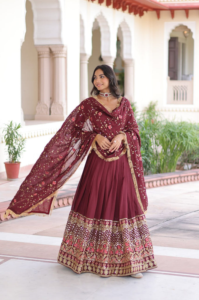 Maroon Elegant Vichitra Silk Sequins & Thread Embroidered Lehenga Set with Designer Lace Dupatta – Stitched 3-Meter Flair Lehenga & Unstitched Blouse Clothsvilla