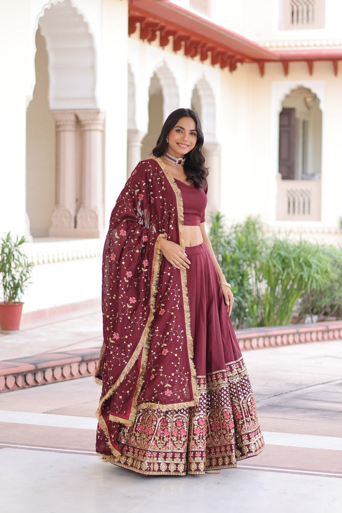 Maroon Elegant Vichitra Silk Sequins & Thread Embroidered Lehenga Set with Designer Lace Dupatta – Stitched 3-Meter Flair Lehenga & Unstitched Blouse Clothsvilla