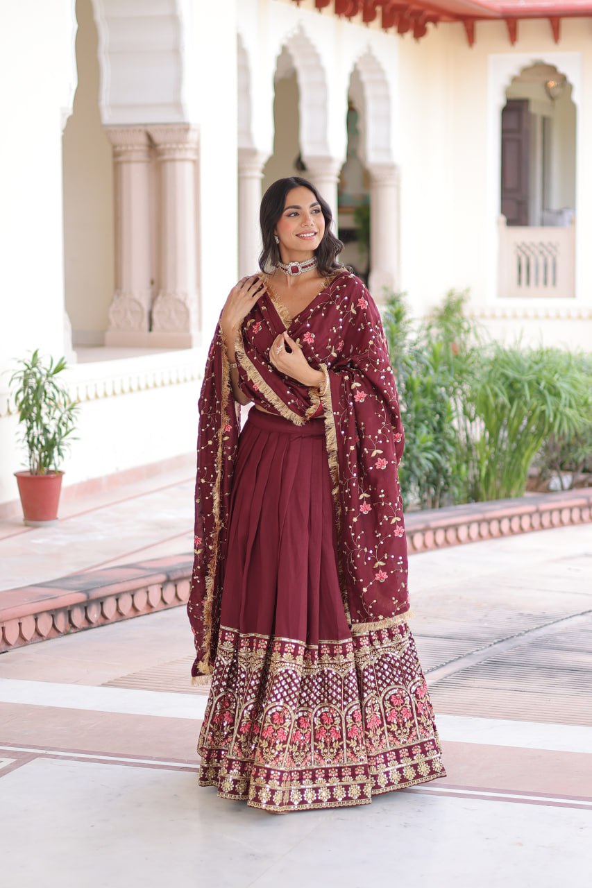 Maroon Elegant Vichitra Silk Sequins & Thread Embroidered Lehenga Set with Designer Lace Dupatta – Stitched 3-Meter Flair Lehenga & Unstitched Blouse Clothsvilla
