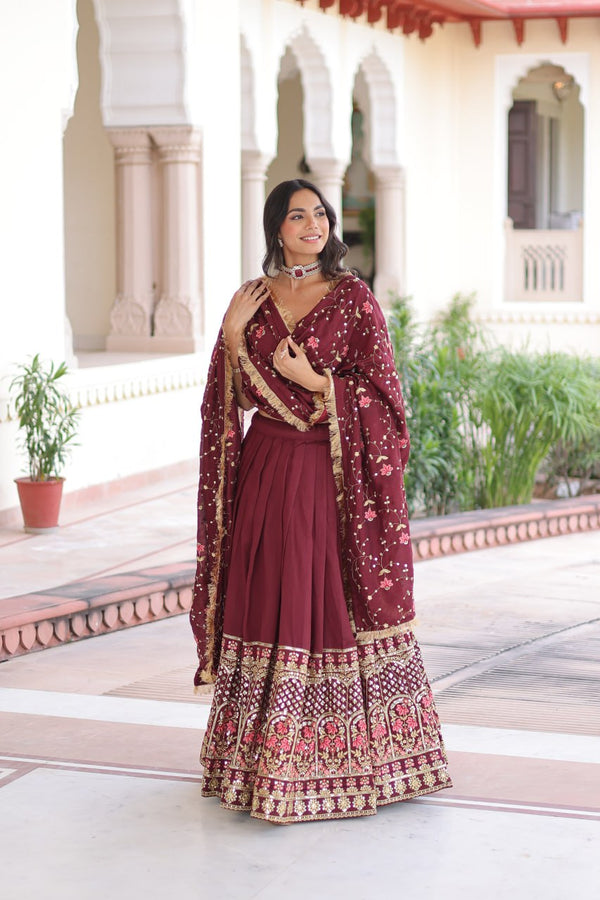 Maroon Elegant Vichitra Silk Sequins & Thread Embroidered Lehenga Set with Designer Lace Dupatta – Stitched 3-Meter Flair Lehenga & Unstitched Blouse Clothsvilla