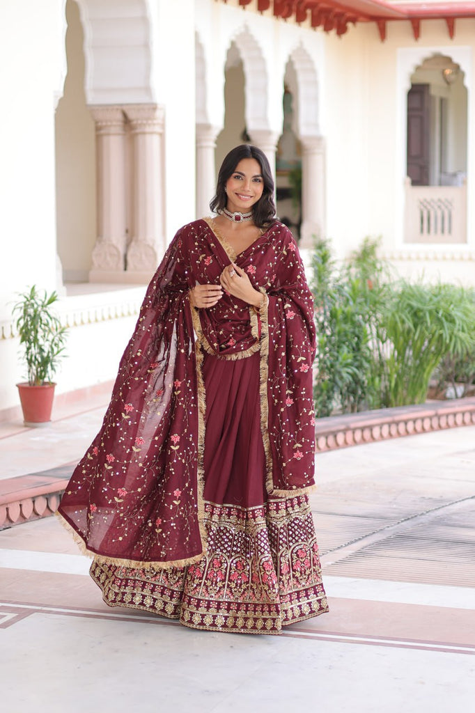 Maroon Elegant Vichitra Silk Sequins & Thread Embroidered Lehenga Set with Designer Lace Dupatta – Stitched 3-Meter Flair Lehenga & Unstitched Blouse Clothsvilla