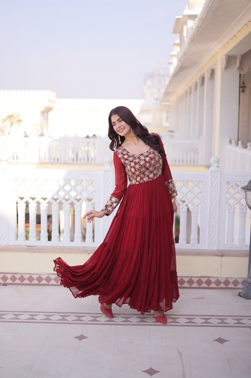 Maroon Embroidered Anarkali Gown ClothsVilla
