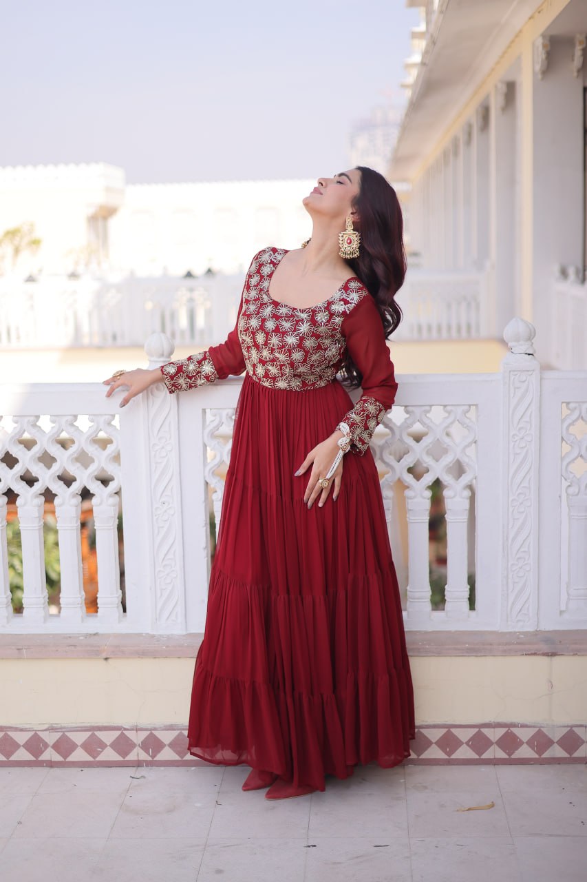 Maroon Embroidered Anarkali Gown ClothsVilla