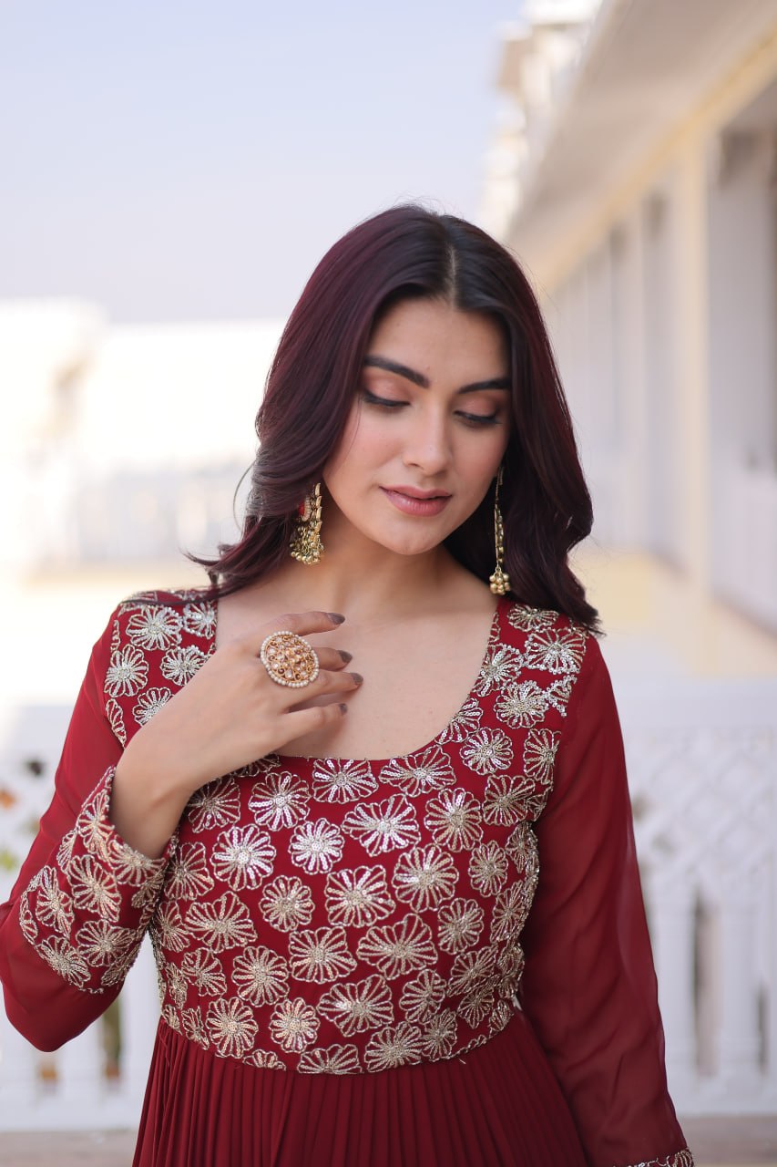 Maroon Embroidered Anarkali Gown ClothsVilla