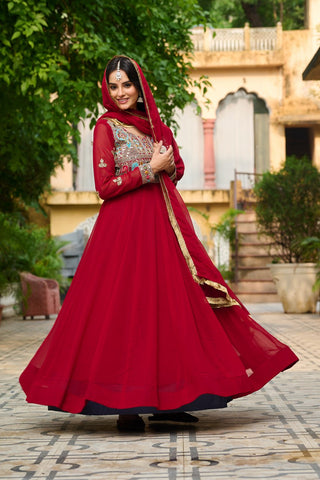 Maroon Embroidered Faux Blooming Anarkali Gown Set with Sequin & Multi-Thread Work | V-Neck | Full Sleeves | Dupatta Included ClothsVilla