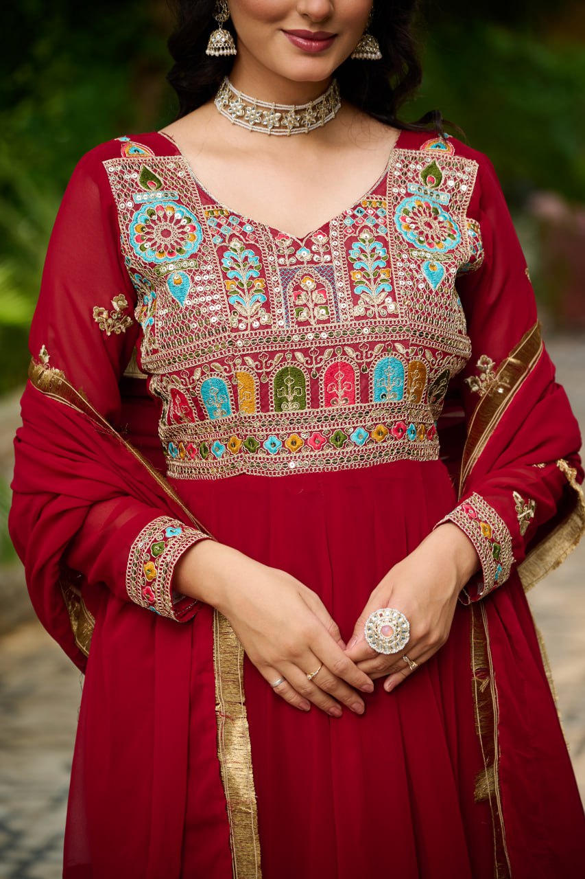 Maroon Embroidered Faux Blooming Anarkali Gown Set with Sequin & Multi-Thread Work | V-Neck | Full Sleeves | Dupatta Included ClothsVilla