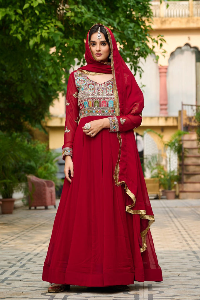 Maroon Embroidered Faux Blooming Anarkali Gown Set with Sequin & Multi-Thread Work | V-Neck | Full Sleeves | Dupatta Included ClothsVilla