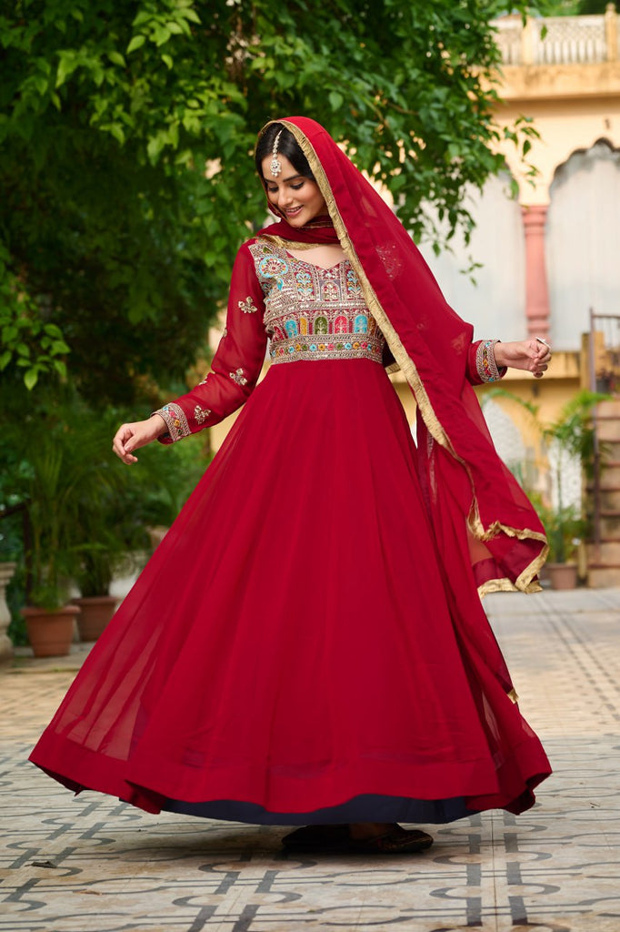 Maroon Embroidered Faux Blooming Anarkali Gown Set with Sequin & Multi-Thread Work | V-Neck | Full Sleeves | Dupatta Included ClothsVilla