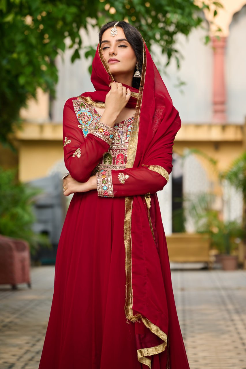 Maroon Embroidered Faux Blooming Anarkali Gown Set with Sequin & Multi-Thread Work | V-Neck | Full Sleeves | Dupatta Included ClothsVilla